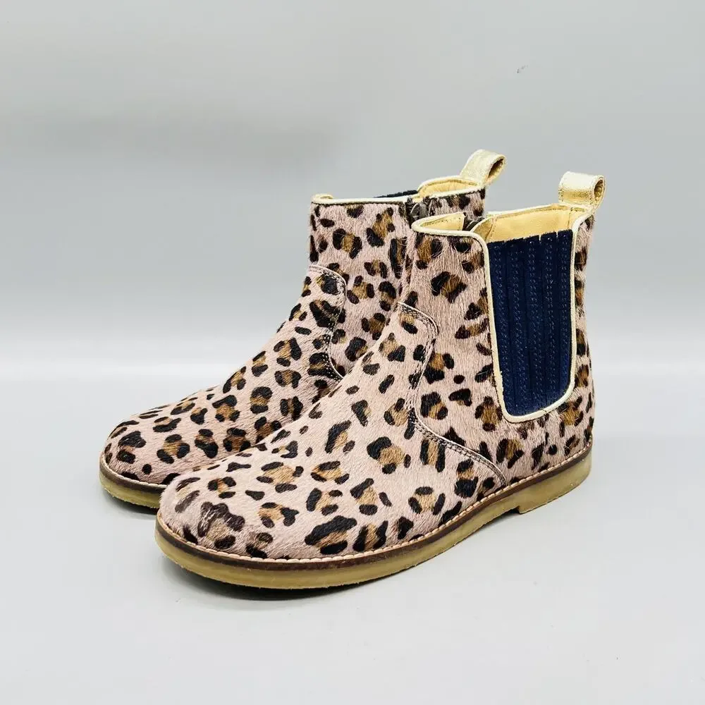 Mini Boden Boots Girls 1 Brown Leopard Print Calf Hair Chelsea Ankle Zip Shoes